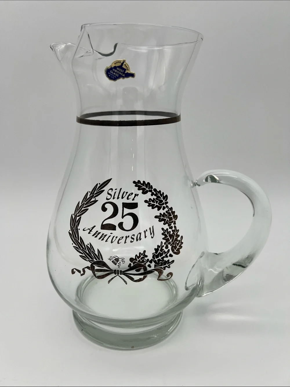 Vintage West Virginia Glass Co. 25th Silver Anniversary Hand-blown Glass Pitcher